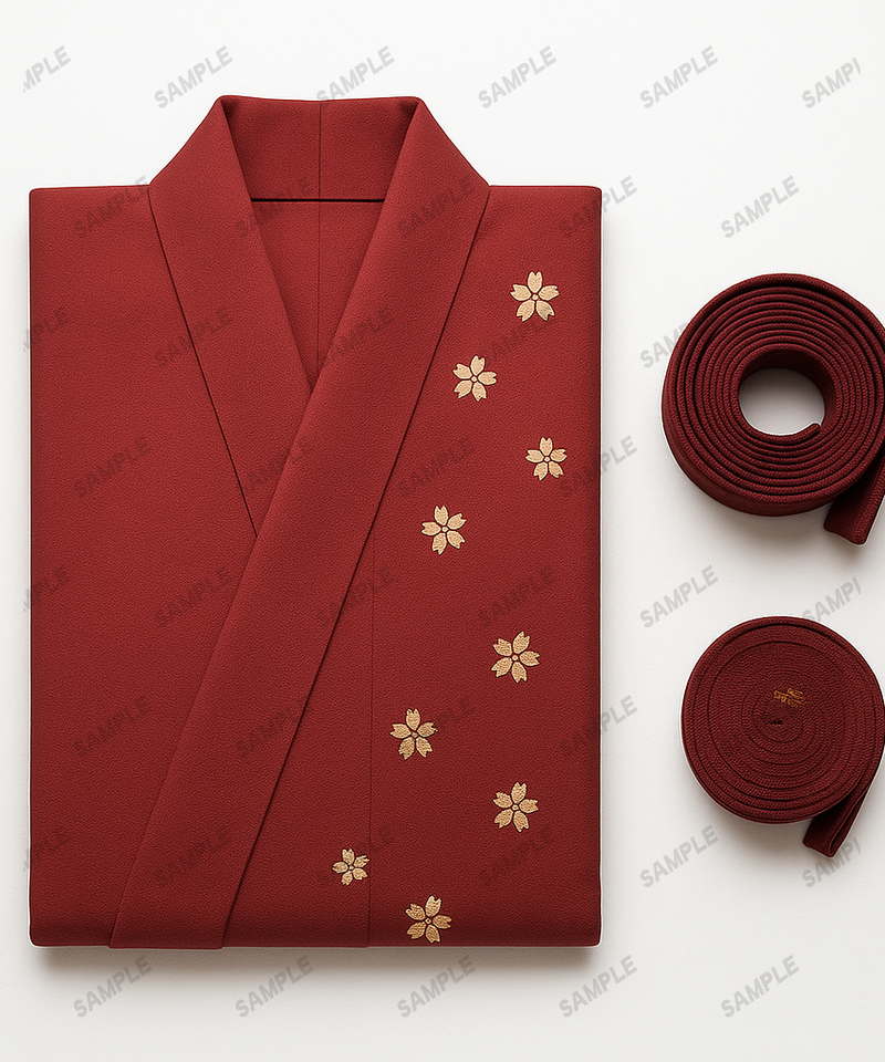 Vintage Seiden-Kimono mit Kranich-Muster auf Holzständer