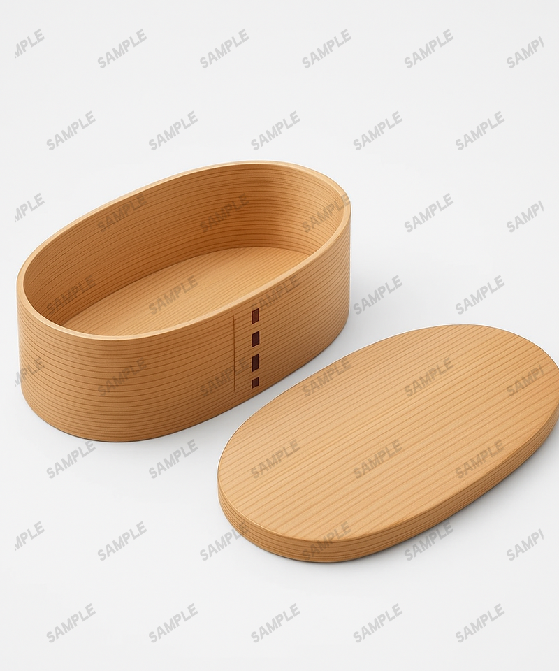 Handgefertigte Magewappa Bento-Box aus Akita-Sugi auf Holztisch