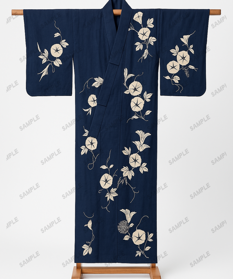 Yukata Sommer-Kimono in indigo-blau mit Trichterwinden-Muster