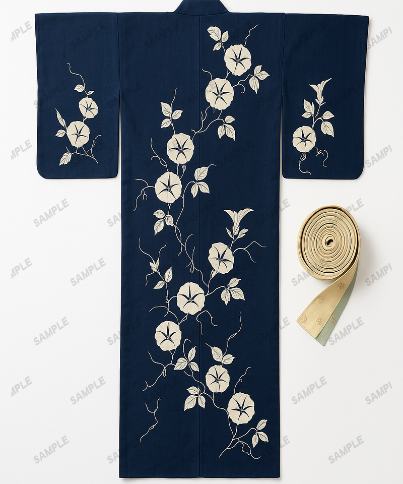 Yukata Sommer-Kimono in indigo-blau mit Trichterwinden-Muster